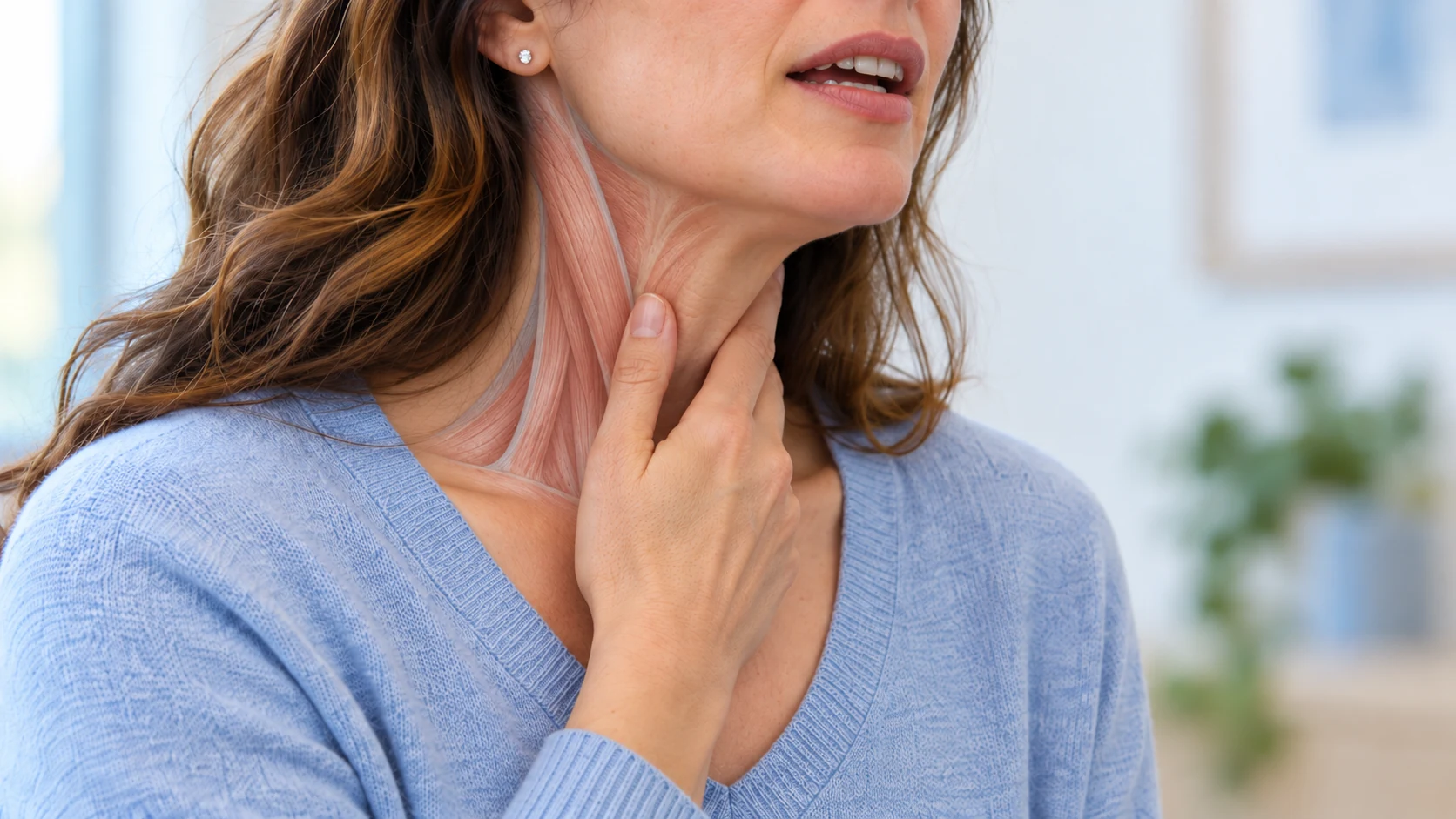Representación ilustrativa de una usuaria con la mano en el cuello y una superposición de los músculos.