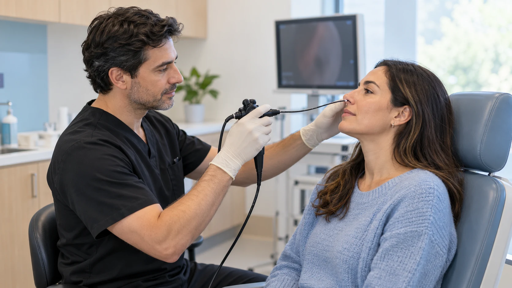 Imagen referencial de un médico otorrinolaringólogo realizando una exploración laríngea con un instrumento flexible por la nariz.