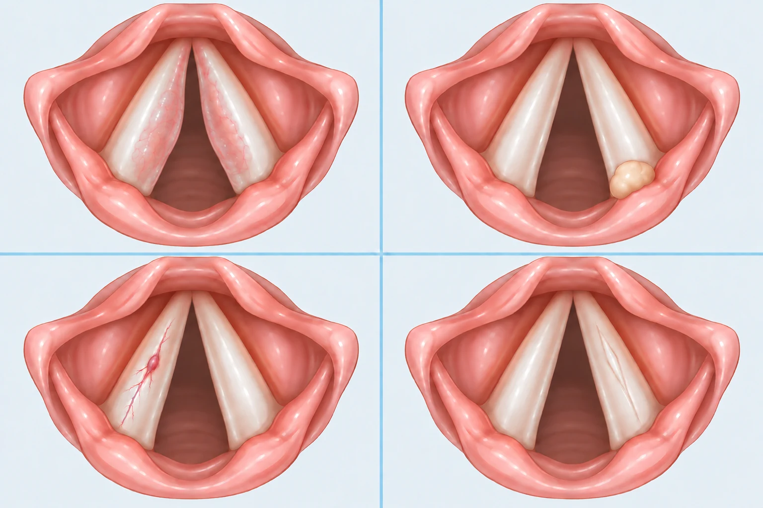 Comparación ilustrativa del edema de Reinke, un granuloma del proceso vocal, una lesión vascular y una cicatriz del pliegue vocal.