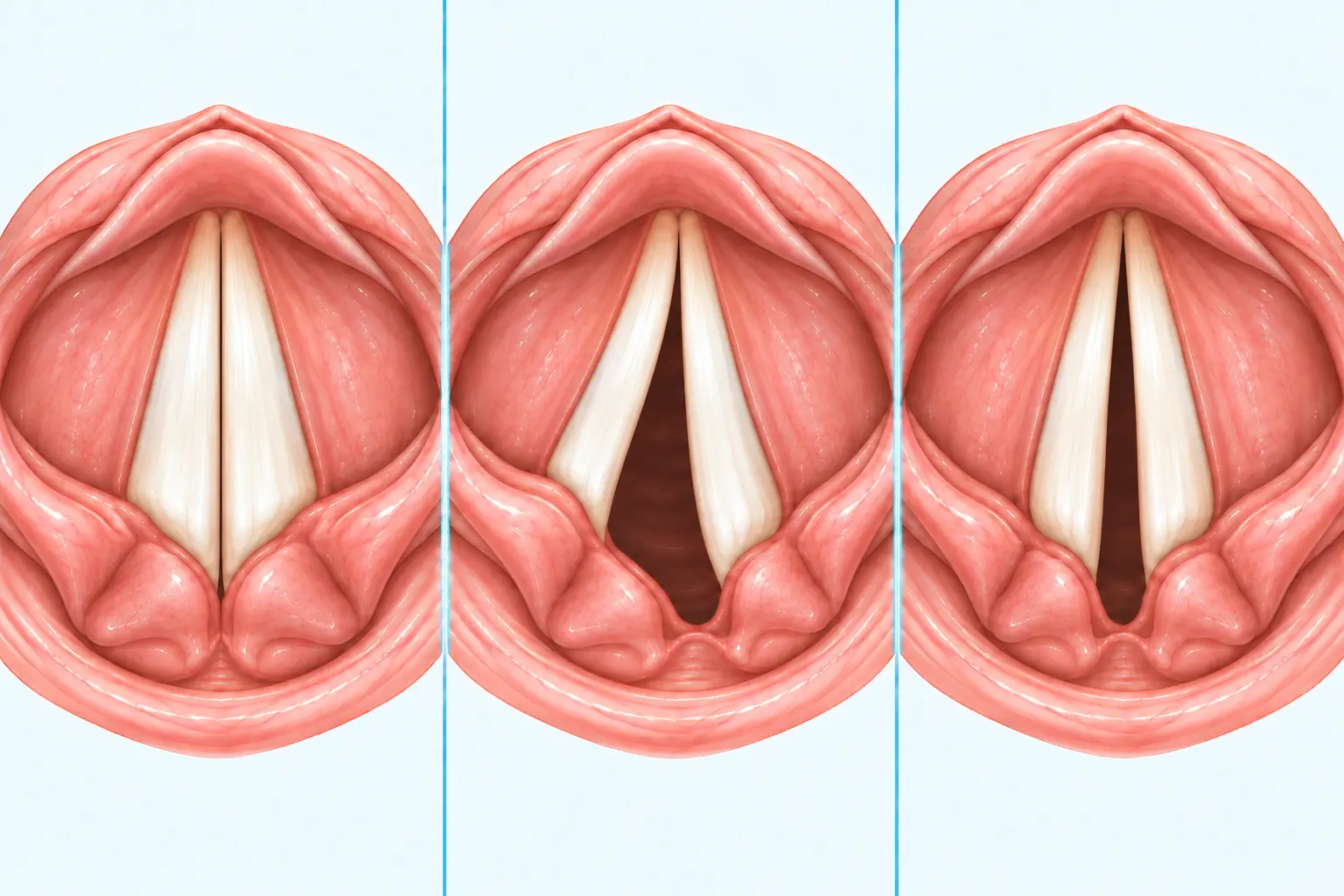 Comparación ilustrativa del cierre de los pliegues vocales durante la fonación normal, la inmovilidad unilateral y la inmovilidad bilateral.
